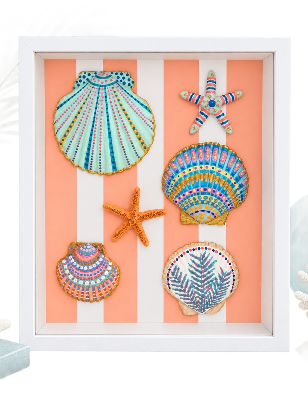 Hand-Painted Coastal Shell & Starfish Wall Art - Coral, Teal, Gold
